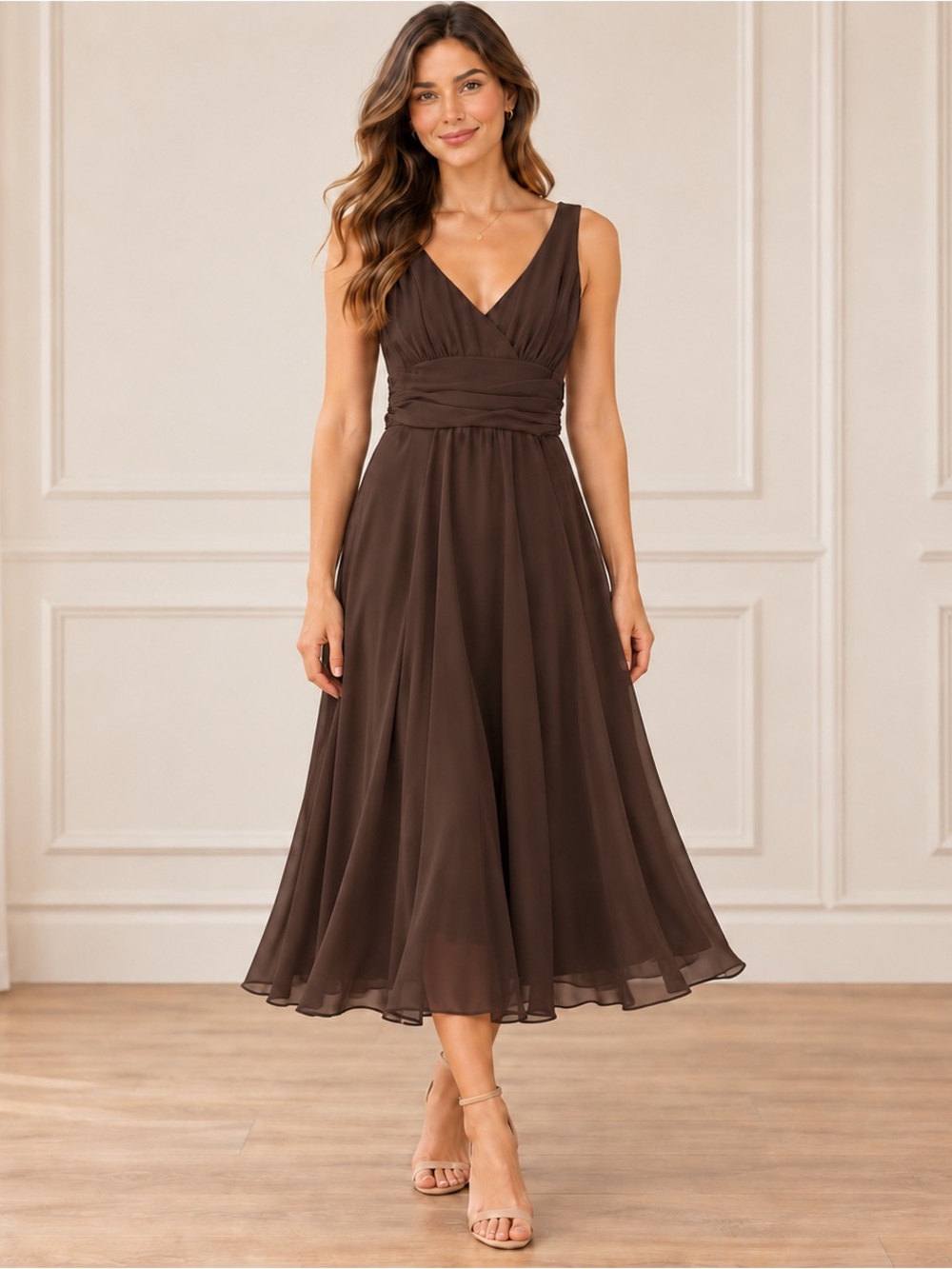 Sleeveless V-Neck Expresso Brown Midi Dress